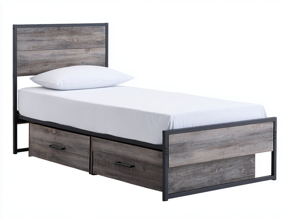Camas individuales de metal y madera 208x98x110 cm - gris envejecido y negro - 2 cajones integrados