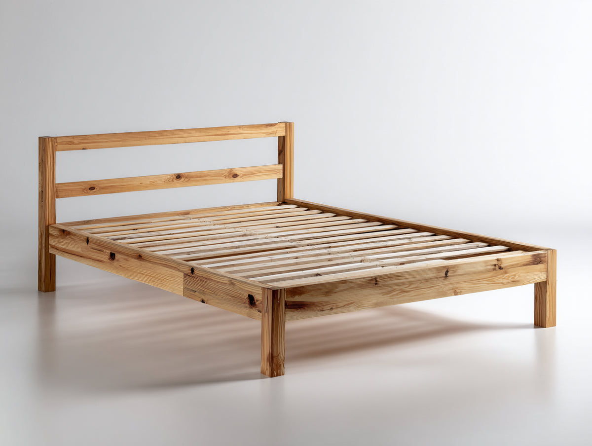 Cama doble de madera 205x165x90 cm - Madera natural - Somier de listones y cabecero abierto minimalista