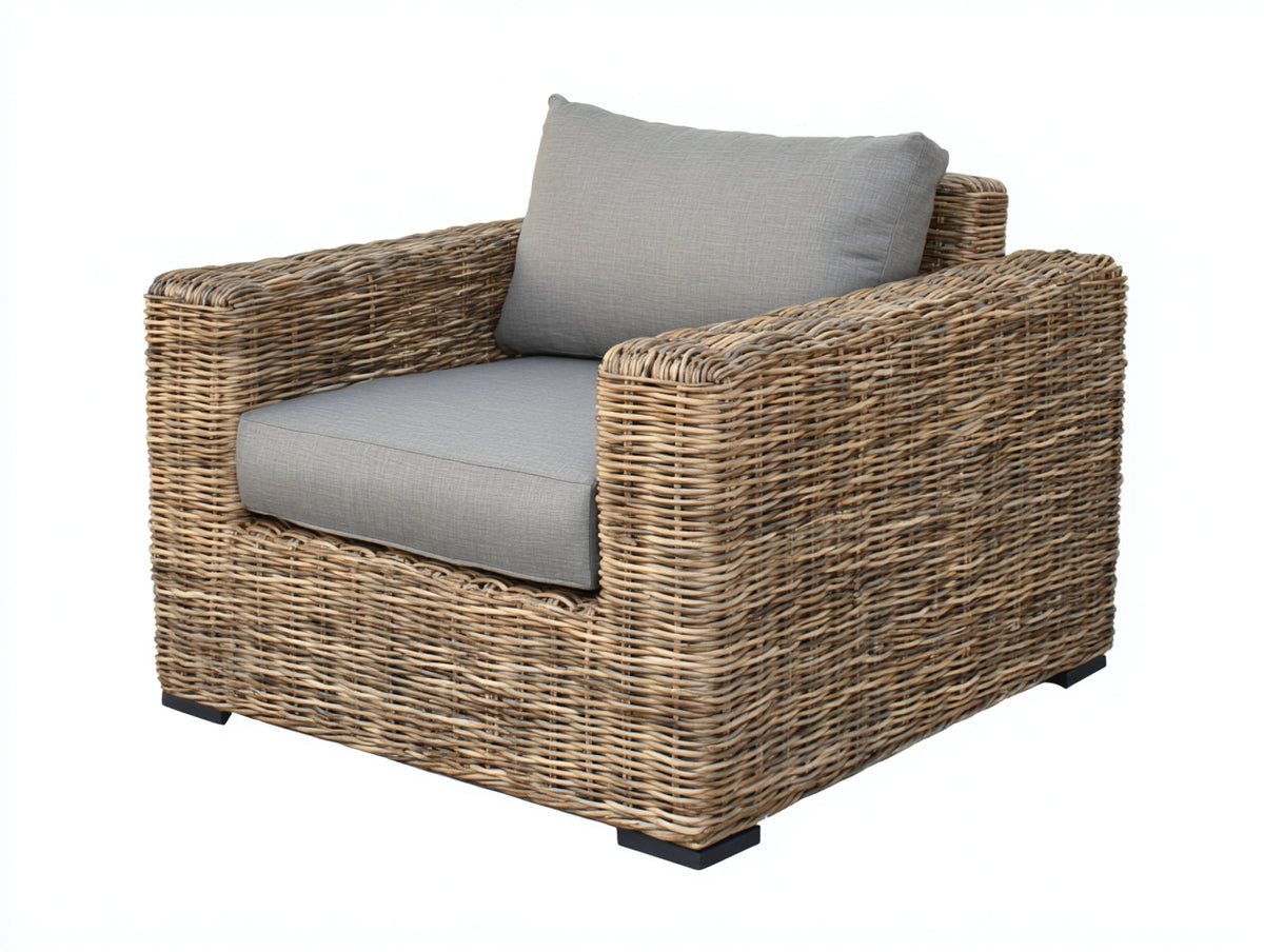 Sillones de ratán - Ratán tejido y estructura metálica 85 x 80 x 75 cm - Marrón natural-gris - Diseño exterior con asiento acolchado