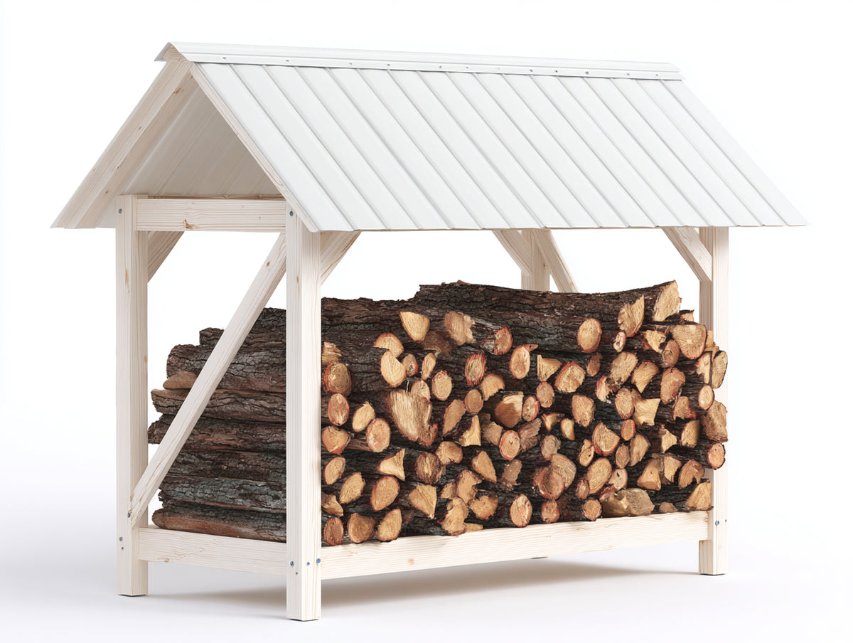 Leñero de jardín de madera con tejado 150x75x165 cm - Blanco - Estructura elevada con cubierta inclinada