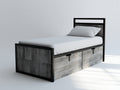 Camas individuales - Estructura de metal y madera 200 x 90 x 110 cm - Gris-Negro - Diseño industrial con 2 cajones de almacenamiento