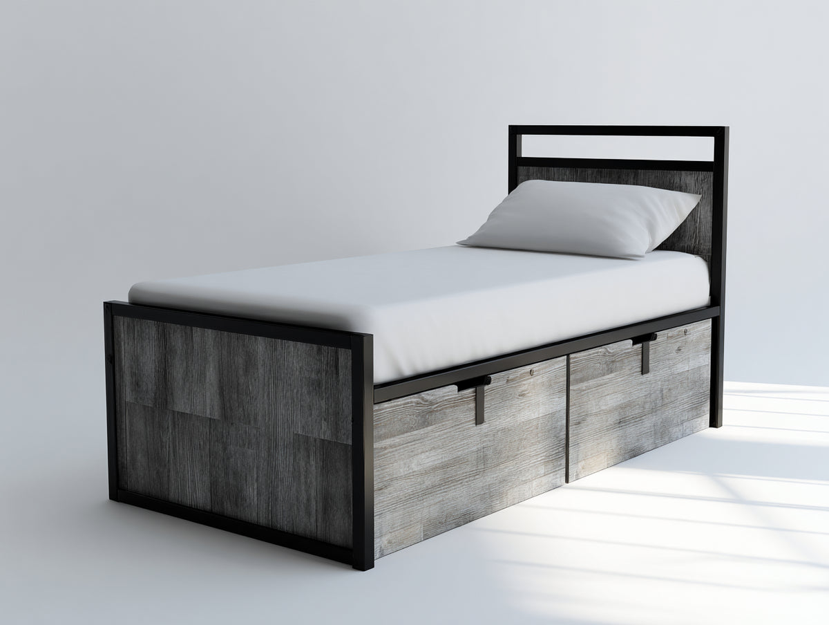 Camas individuales - Estructura de metal y madera 200 x 90 x 110 cm - Gris-Negro - Diseño industrial con 2 cajones de almacenamiento