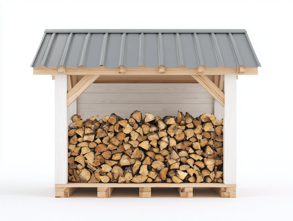 Leñero de jardín de madera y metal 190x75x175 cm - madera natural y gris - techo inclinado protector