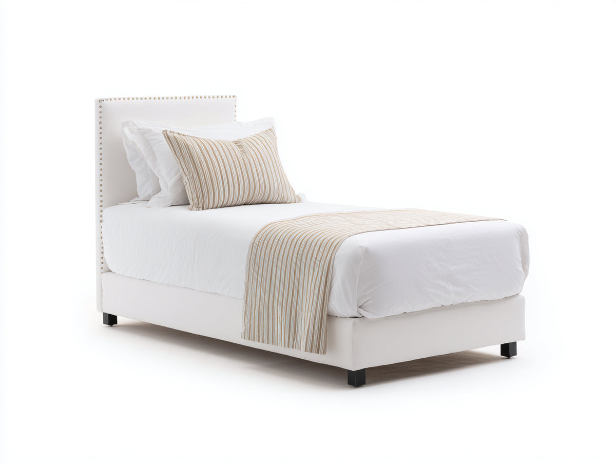 Cama individual tapizada en cuero sintético 205x105x105 cm - Blanco crema negro y dorado - Cabecero con tachuelas y diseño elegante