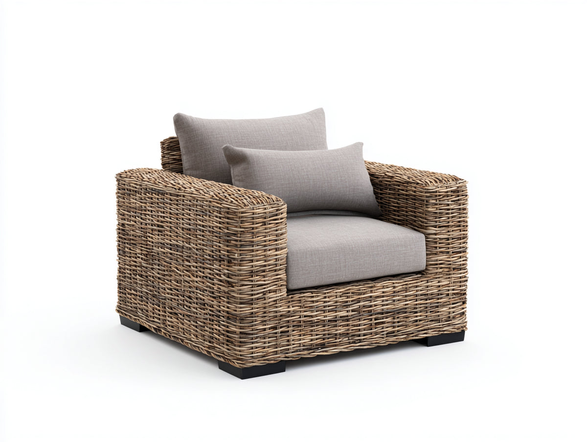 Sillones de ratán 105x95x82 cm - marrón natural y gris claro - diseño trenzado con asiento acolchado