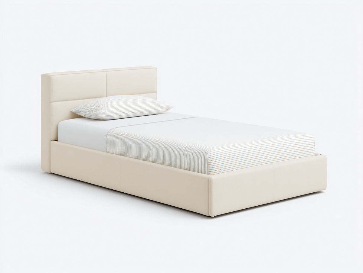 Camas individuales - Estructura de madera y tapizado de tela 200 x 90 x 110 cm - Beige - Diseño moderno con cabecero acolchado