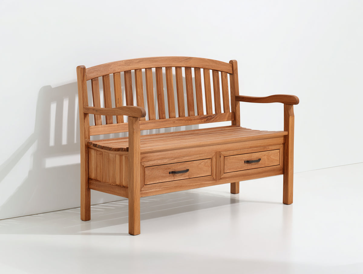 Bancos de jardín de madera maciza 135x60x95 cm - marrón natural - diseño rústico con 2 cajones de almacenaje