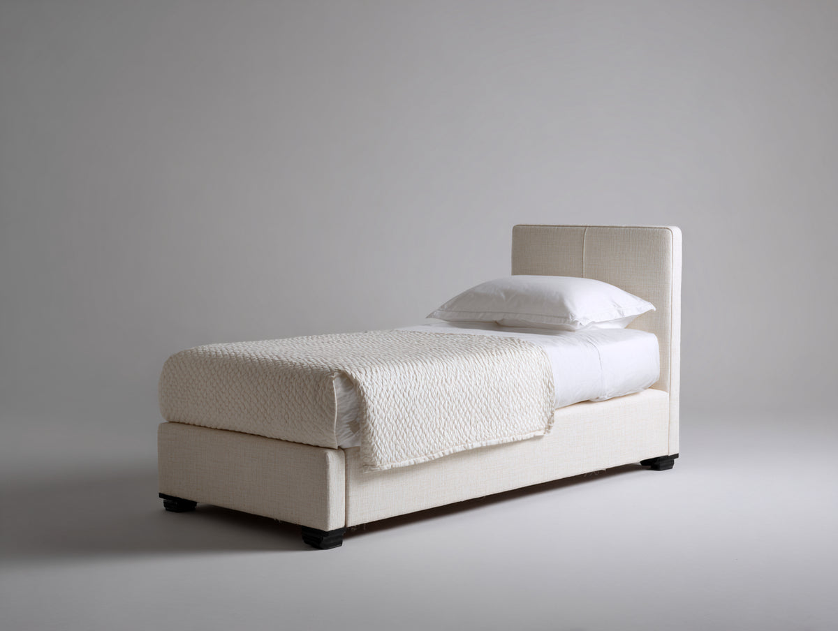 Cama individual tapizada en tela 205x105x100 cm - Beige claro y negro - Cabecero acolchado y diseño contemporáneo
