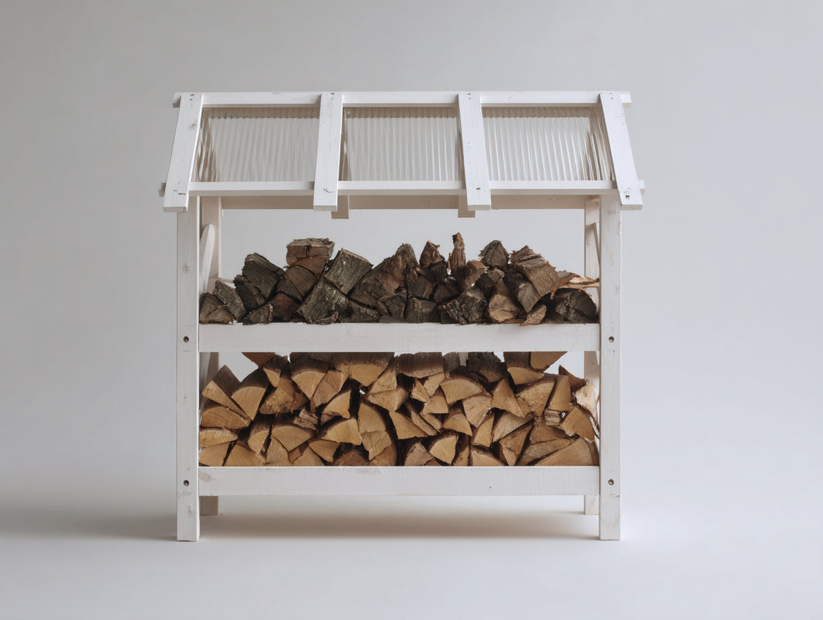 Leñero de jardín de madera 150x65x175 cm - blanco - diseño rústico con cubierta inclinada y 2 niveles