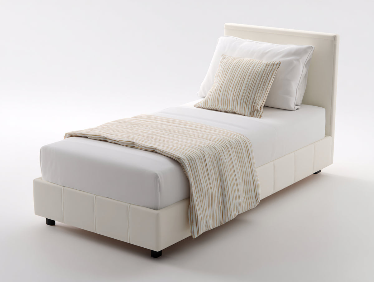 Camas individuales tapizada en tela 210x100x115 cm - blanco crema - diseño moderno con costuras verticales