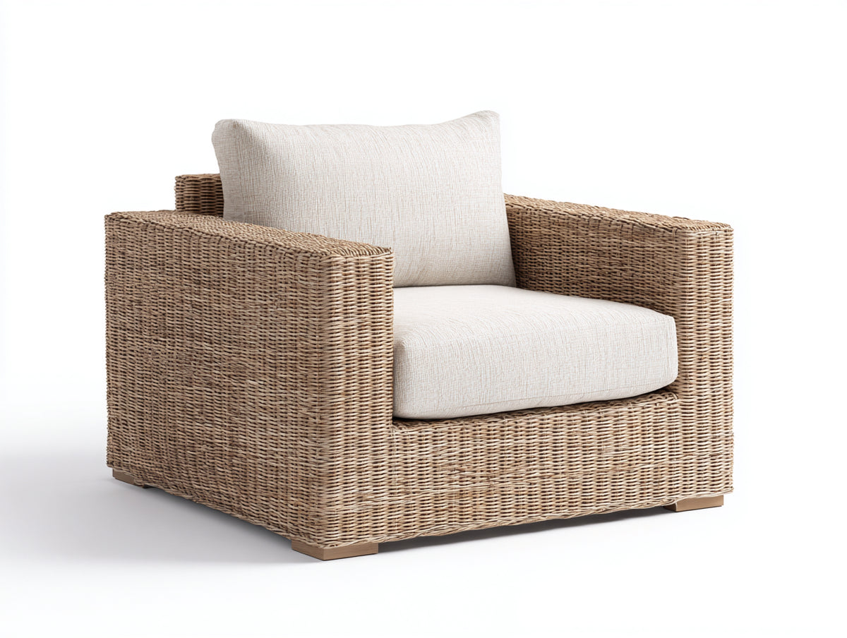Sillón de ratán natural 90x87x81 cm - Marrón claro y beige claro - Estructura envolvente con asiento acolchado