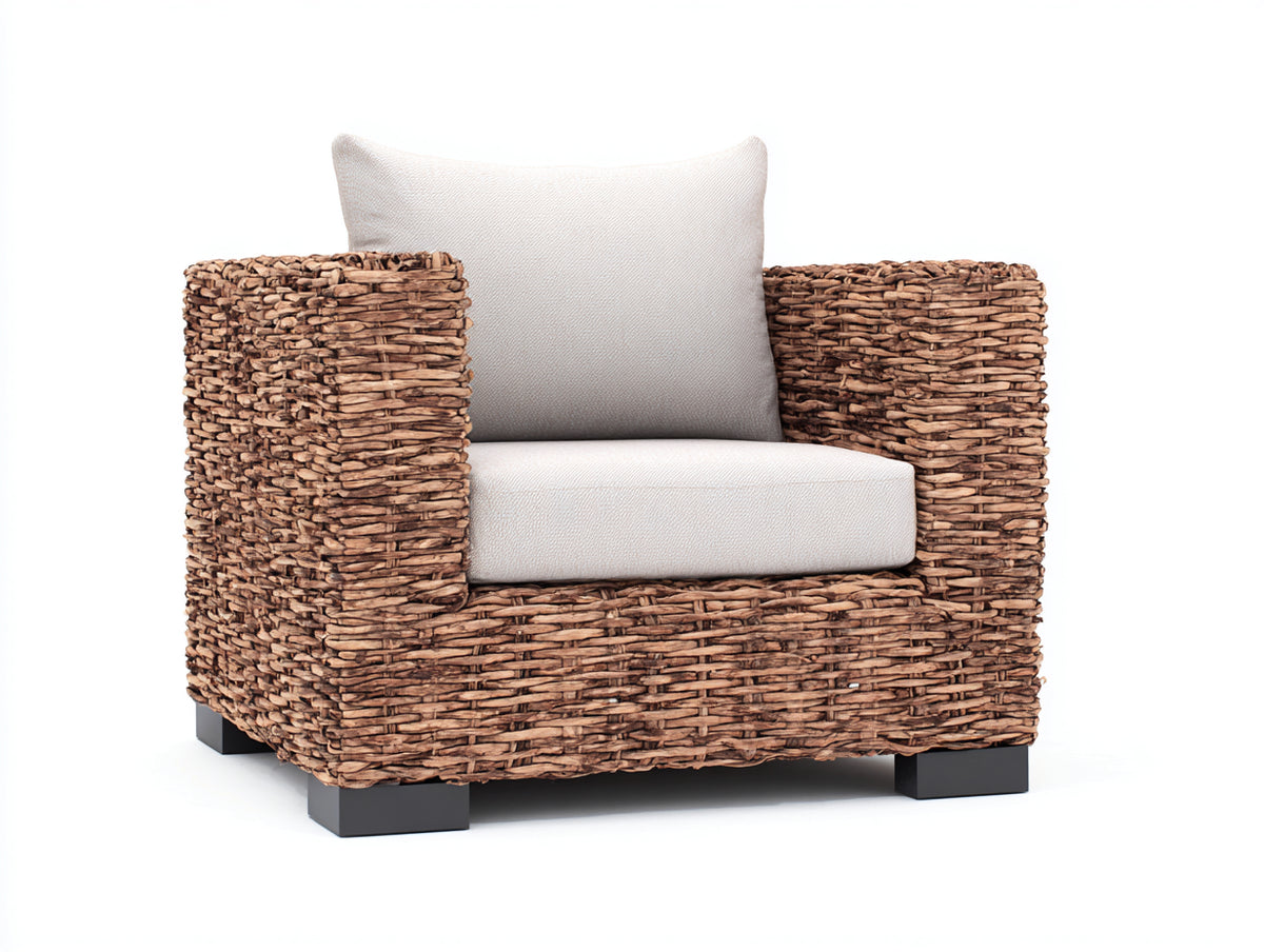 Sillón de ratán natural 88x84x80 cm - Marrón oscuro beige claro y negro - Tejido artesanal con asiento acolchado