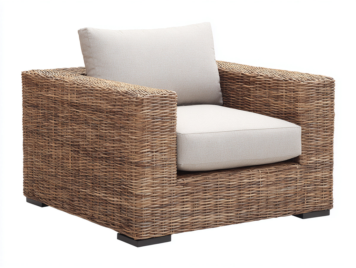 Sillón de ratán natural 92x88x82 cm - Marrón natural beige claro y negro - Estructura envolvente con asiento acolchado