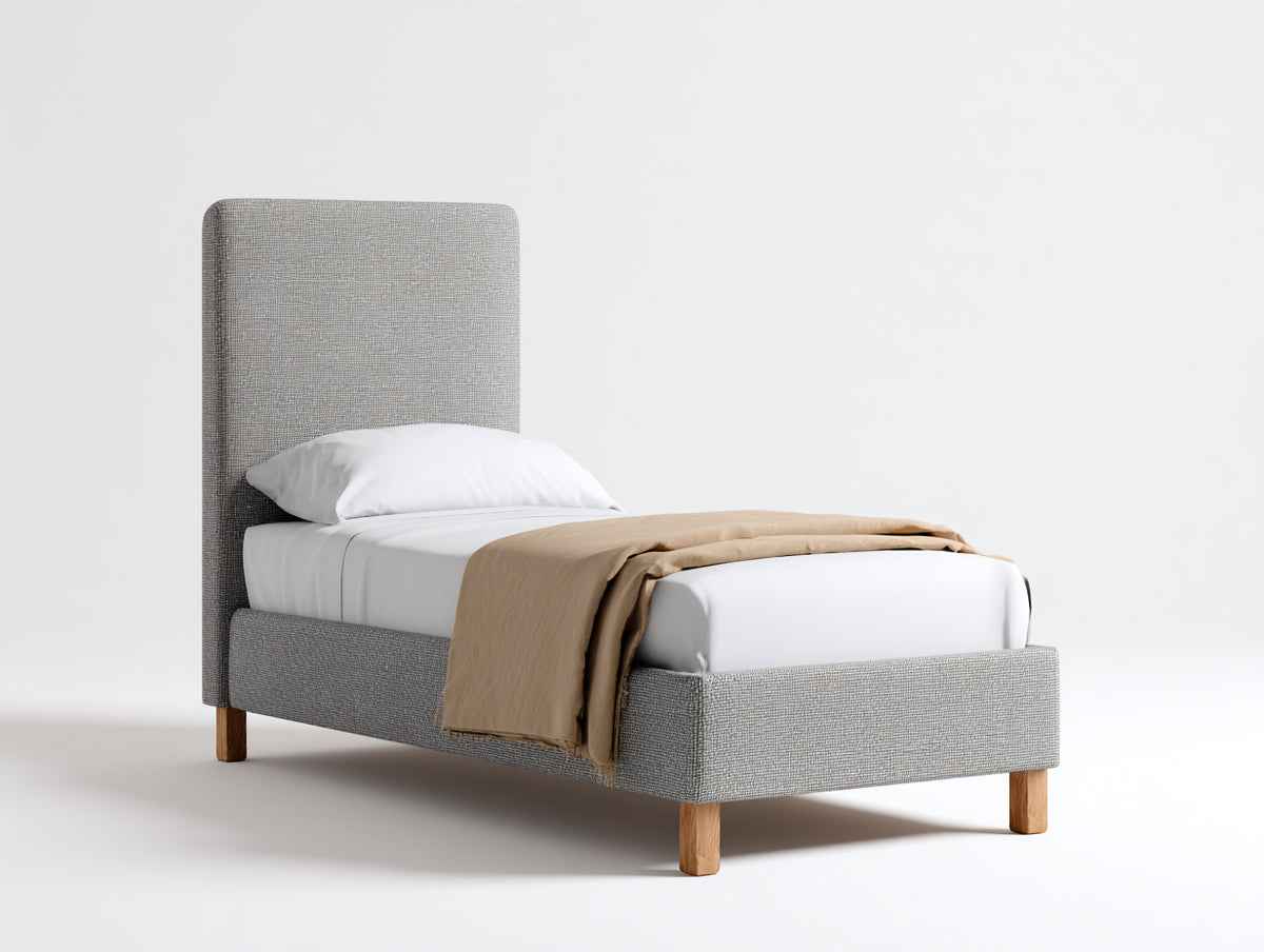 Cama individual tapizada en tela 205x105x115 cm - Gris claro y madera natural - Cabecero alto acolchado y diseño minimalista