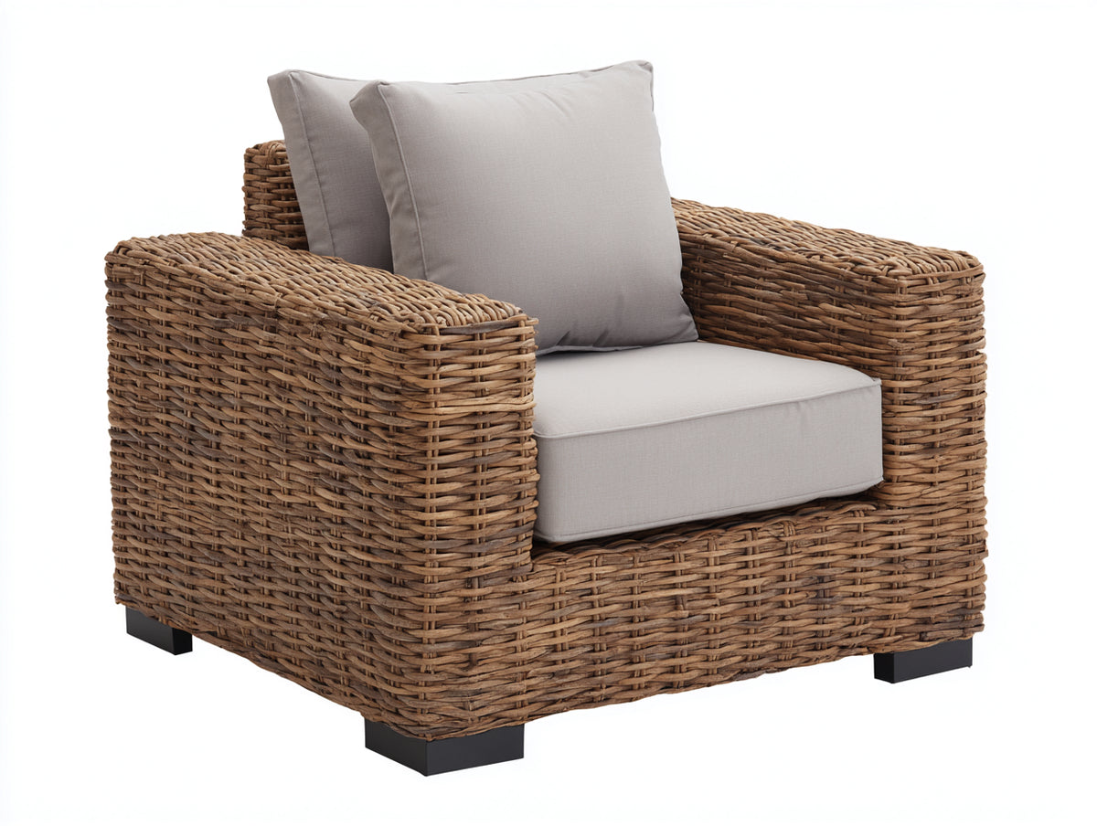 Sillones de ratán - Ratán tejido y estructura metálica 85 x 80 x 75 cm - Marrón natural - Diseño exterior con asiento acolchado