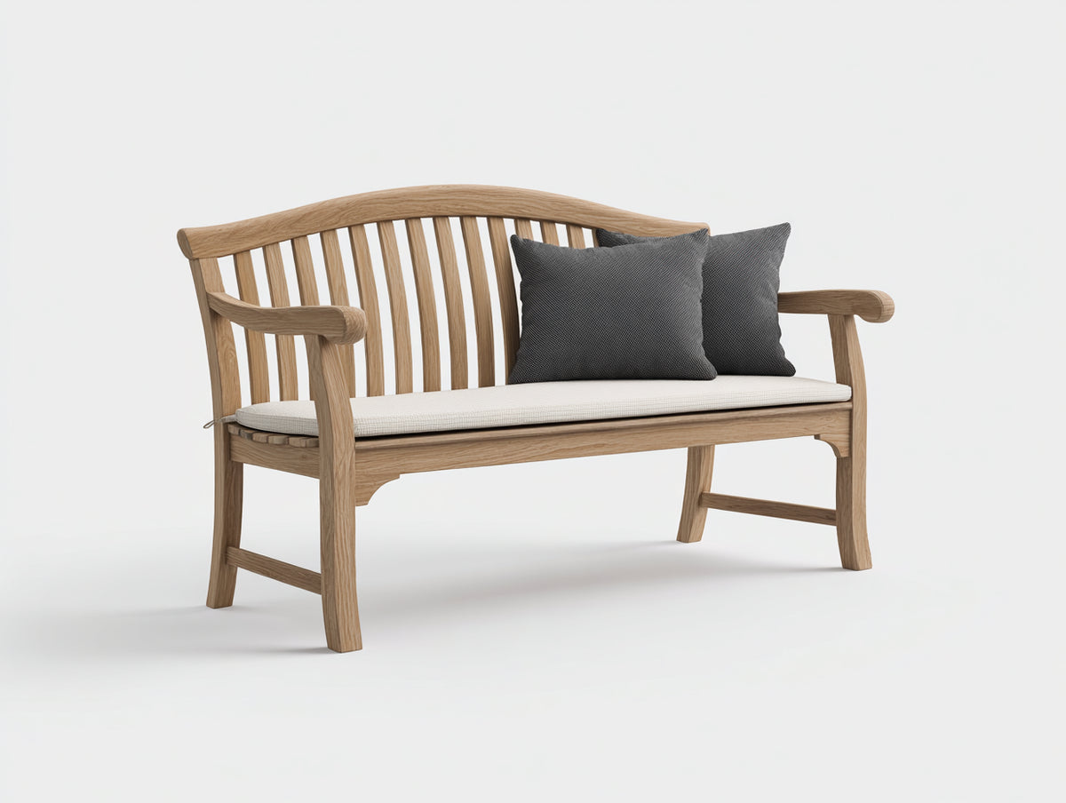 Banco de jardín de madera 140x62x94 cm - Madera natural y beige claro - Respaldo curvo de listones y asiento acolchado