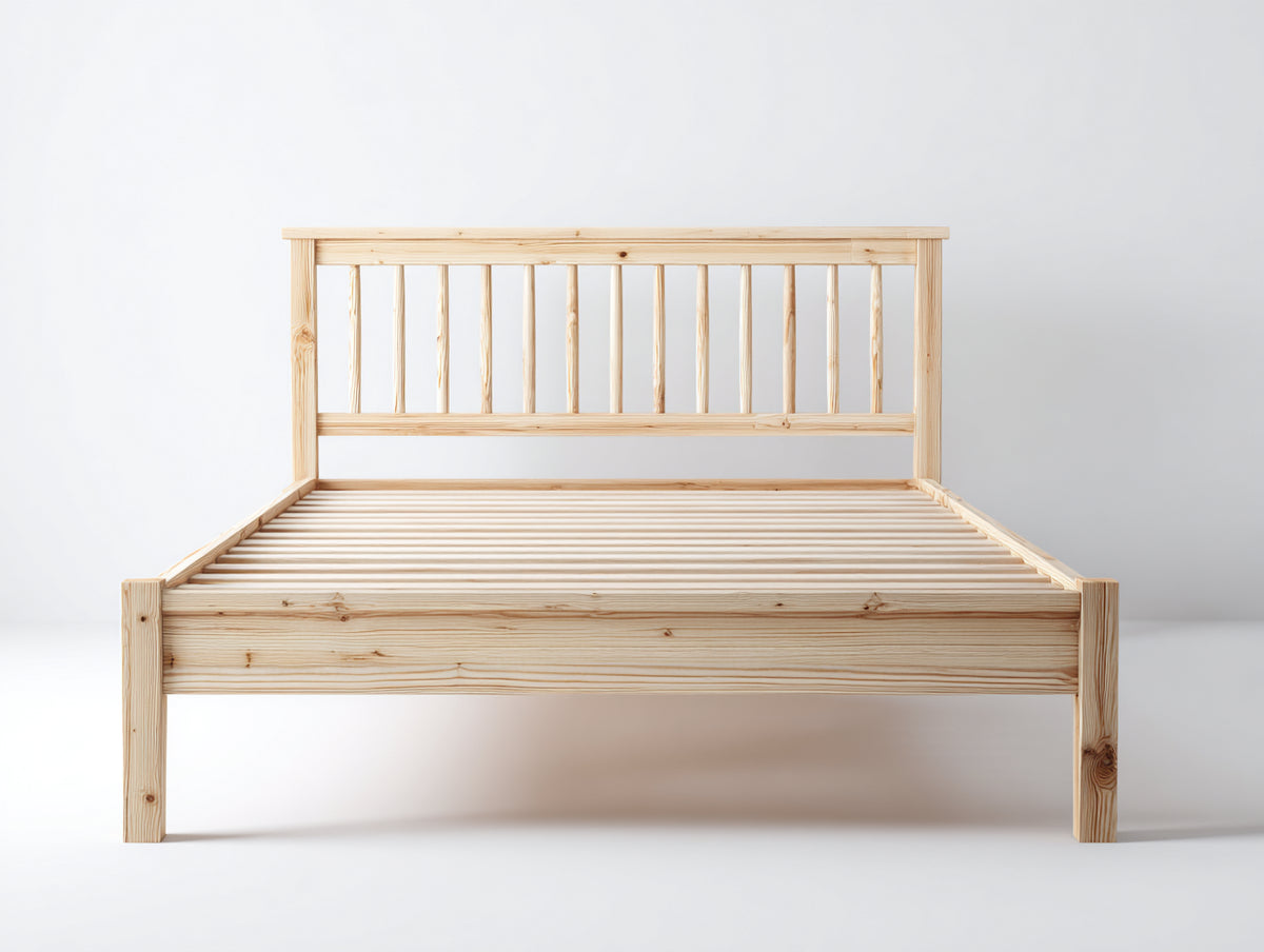 Cama doble de madera 200x160x100 cm - Madera natural - Diseño clásico con cabecero de listones