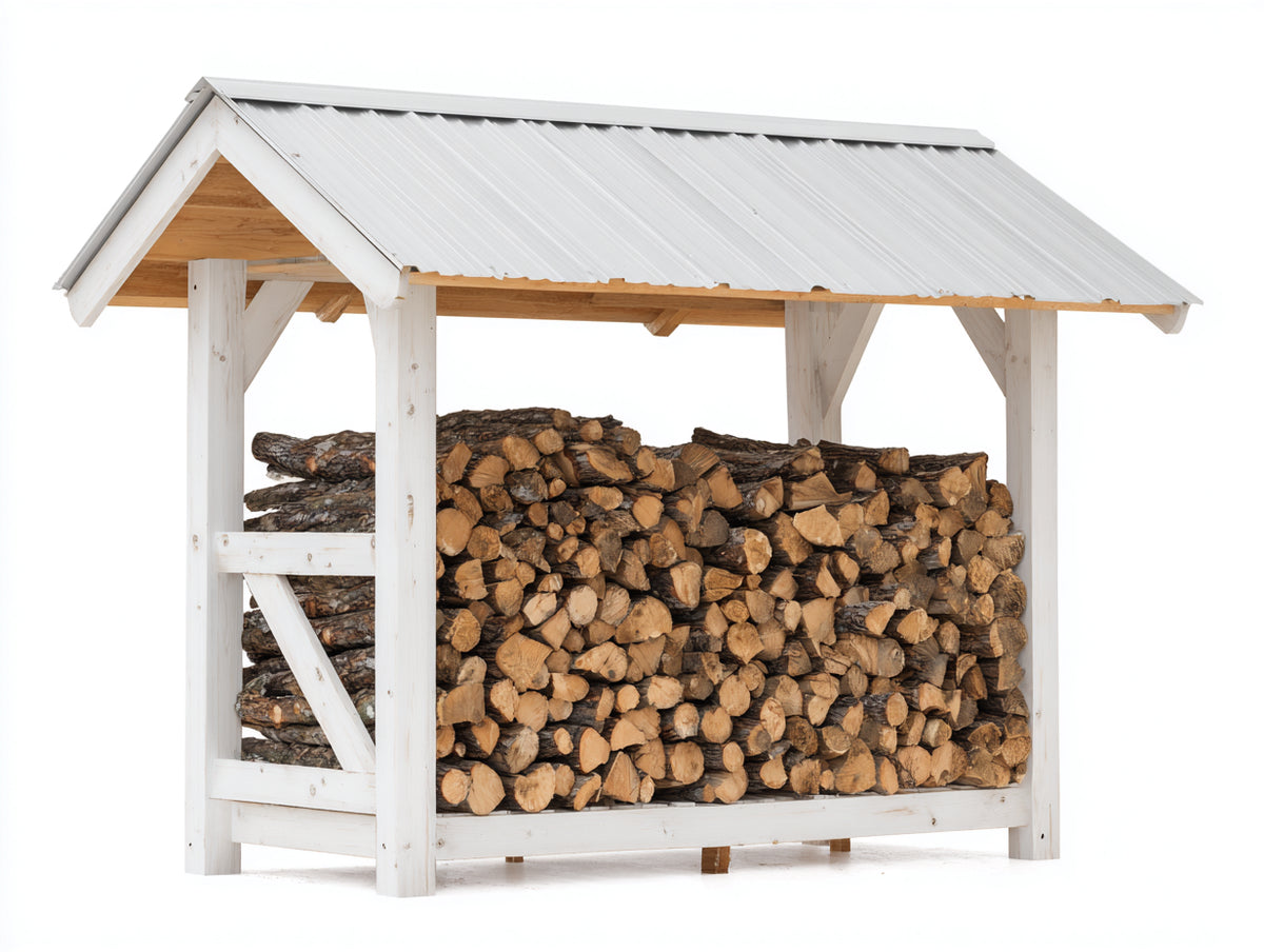 Leñero de jardín de madera 180x70x180 cm - color blanco y madera natural - almacenamiento exterior con techo protector