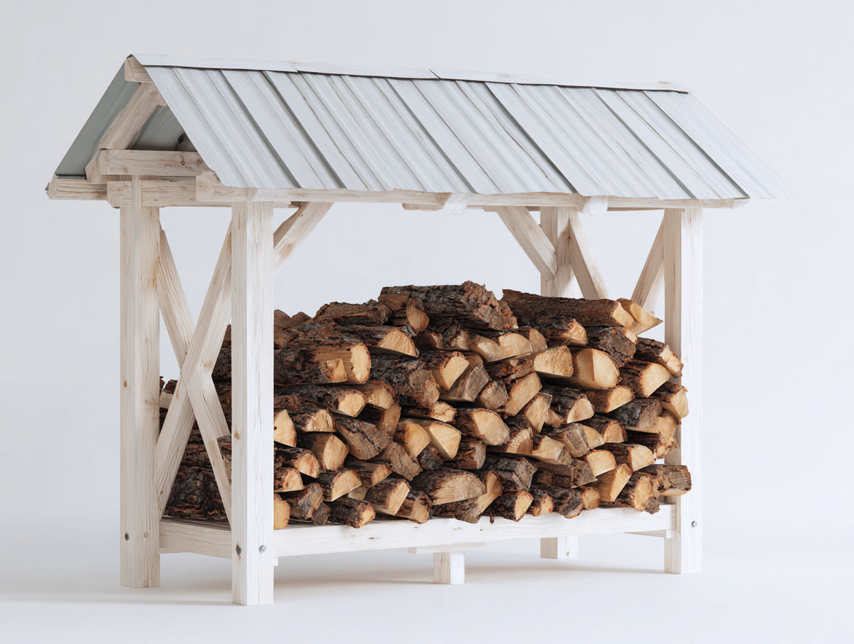 Leñero de jardín - Madera y techo metálico 180 x 70 x 160 cm - Blanco-gris - Almacenamiento exterior con cubierta protectora