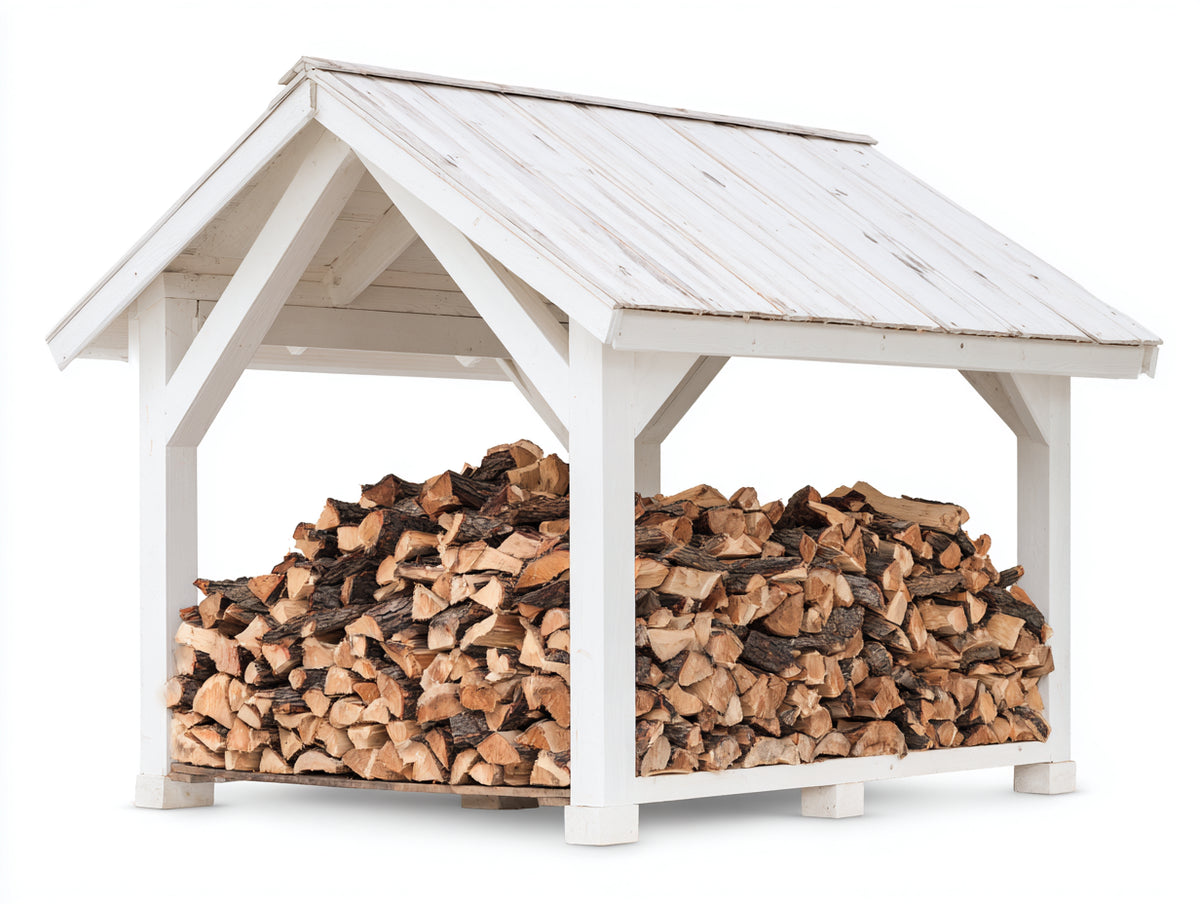 Leñero de jardín de madera con tejado 160x95x175 cm - Blanco envejecido - Estructura abierta con cubierta a dos aguas